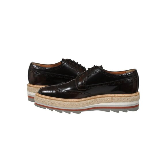 Prada Men Platform Brogue US 9 UK 8 Brown Leather Wingtip Espadrille Medallion - Picture 9 of 11